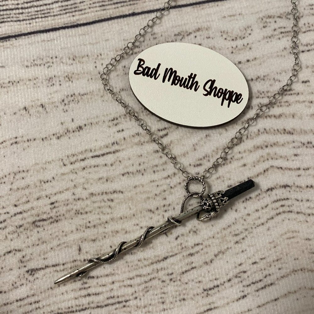 *Sterling Silver Witch Harry Potter Snake Slytherin Wand Black Obsidian Necklace